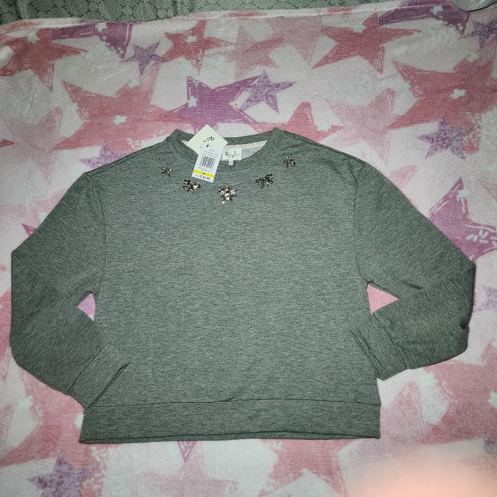 NWT Remi James NYC Womens Sz M Light Gray Long Sleeve  Sweatshirt Rhinestone